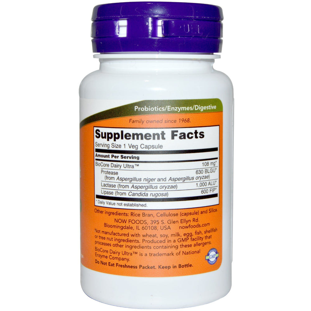 NOW Foods Dairy Digest Complete capsules closeup supports lactose and dairy protein digestion
