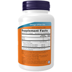 NOW Foods DHA-250 EPA bottle closeup highlighting molecular distillation and purity