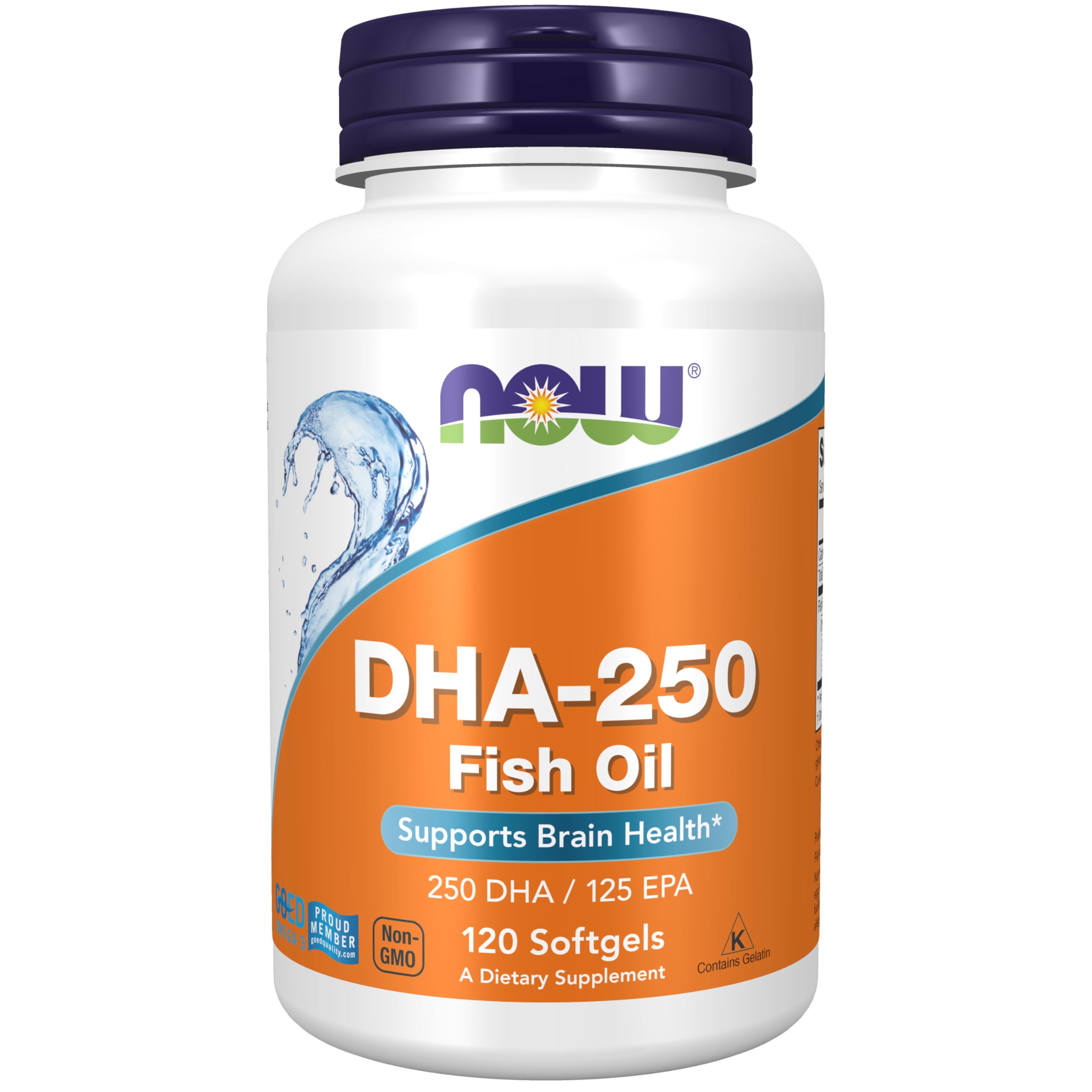 NOW Foods DHA-250 EPA softgels in bottle for convenient daily omega-3 intake