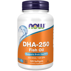 NOW Foods DHA-250 EPA softgels in bottle for convenient daily omega-3 intake