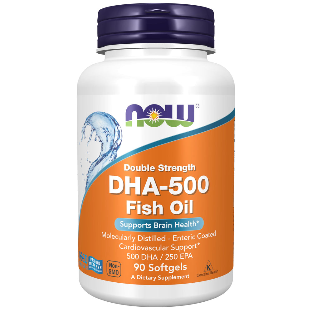 NOW Foods DHA-500 bottle front showing brand and brain-support strength.