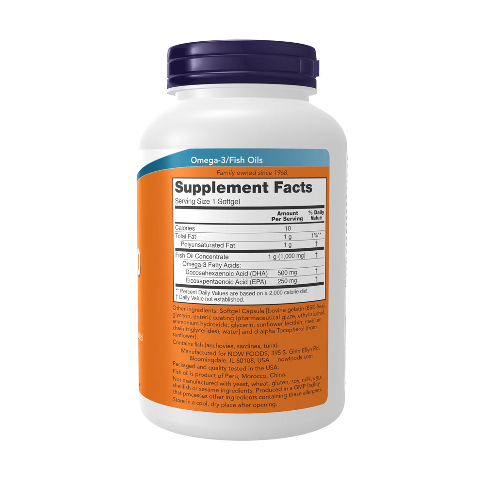 NOW Foods DHA-500 enteric-coated softgel close-up emphasizes odor control