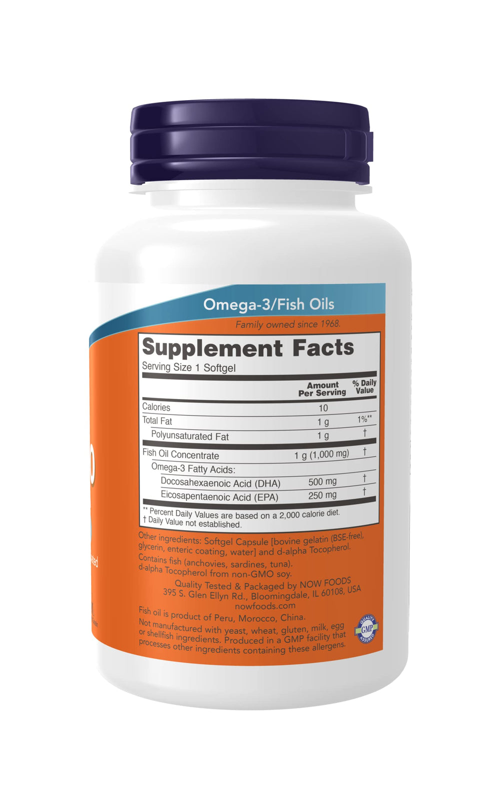 NOW Foods DHA-500 softgel label close-up showing dosage and purity