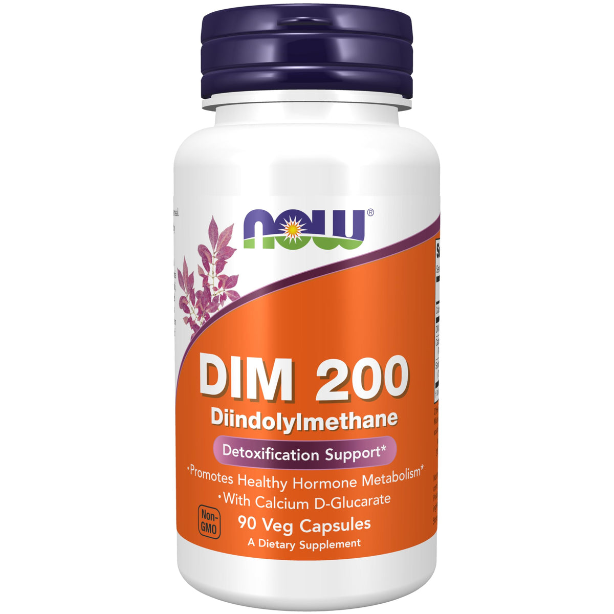 NOW Foods DIM 200 bottle front with capsules for daily detox support.