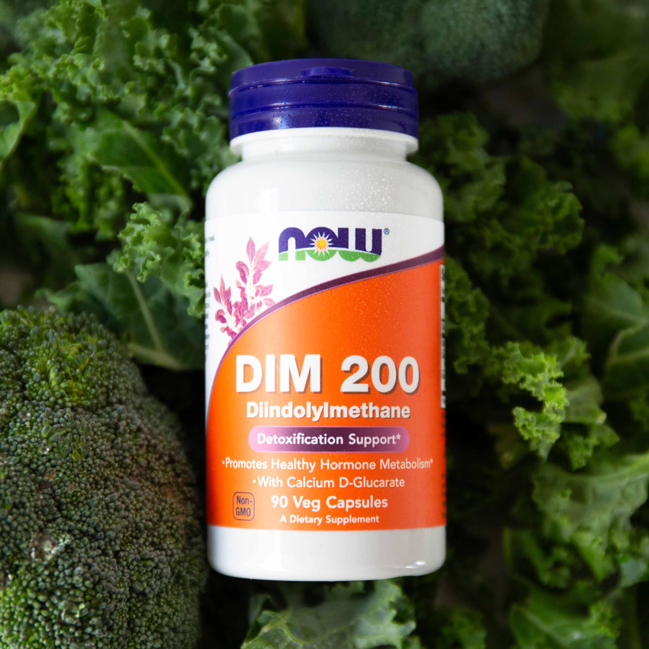 NOW Foods DIM 200 capsule side view showing compact daily dose.