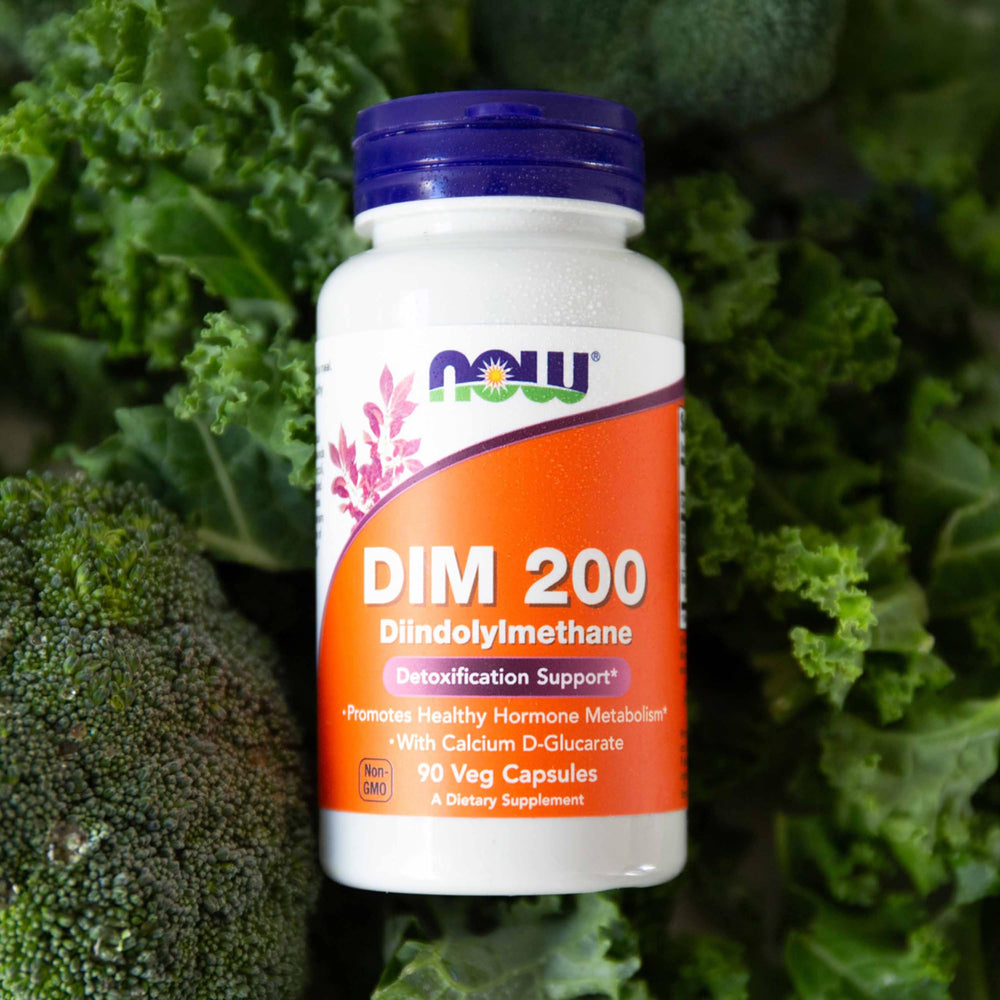 NOW Foods DIM 200 capsule side view showing compact daily dose.