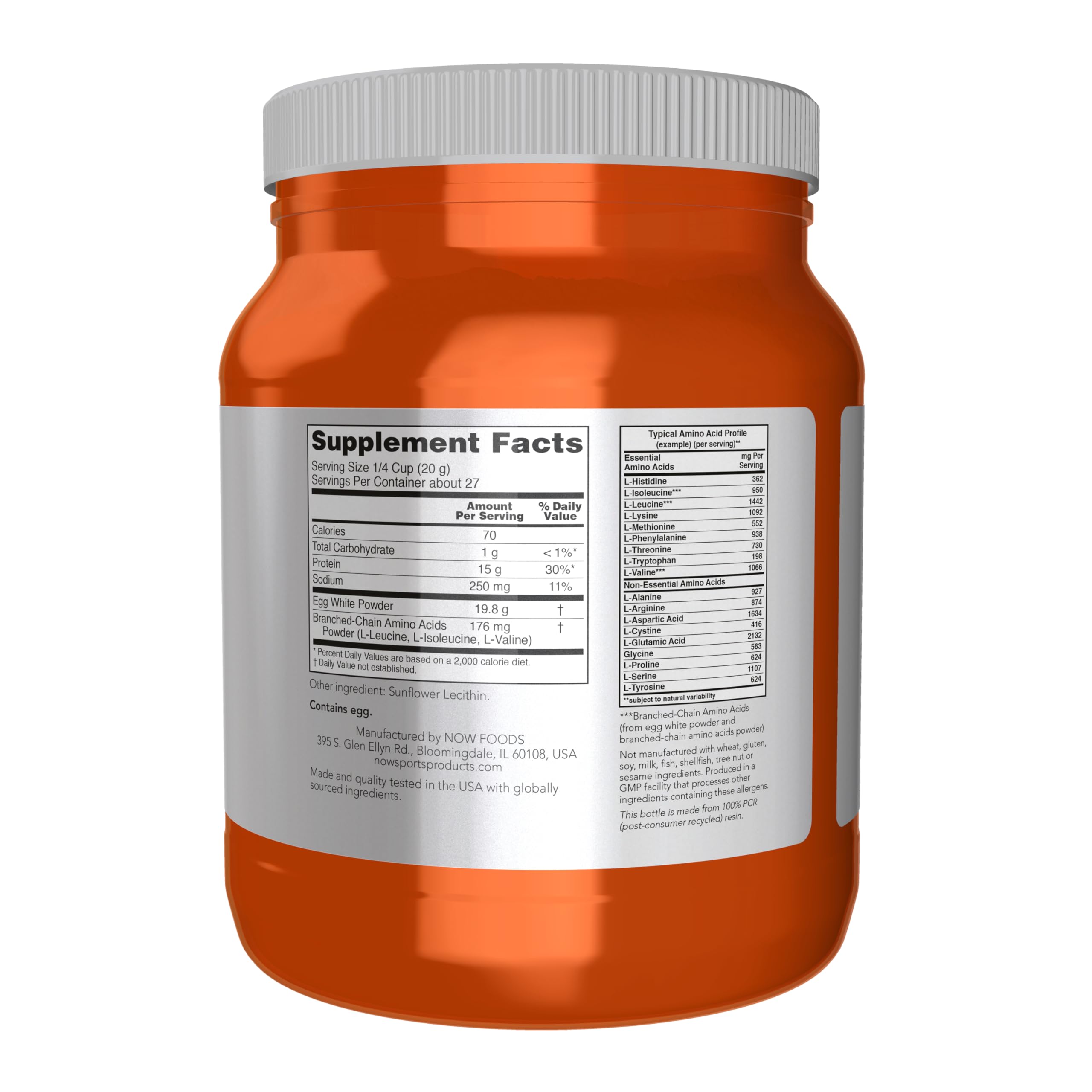 NOW Foods Egg White Protein powder with BCAAs for workouts.