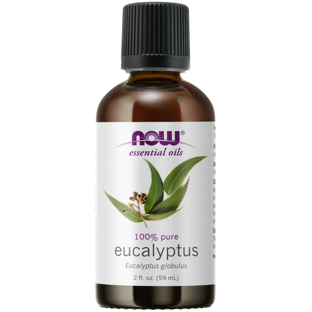NOW Foods Eucalyptus Essential Oil 2oz bottle for diffusion and refreshing aroma.