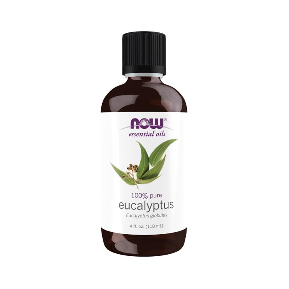 NOW Foods Eucalyptus Globulus Oil amber bottle on shelf emphasizing purity
