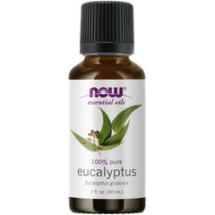 NOW Foods Eucalyptus oil bottle with leaves for refreshing inhalation