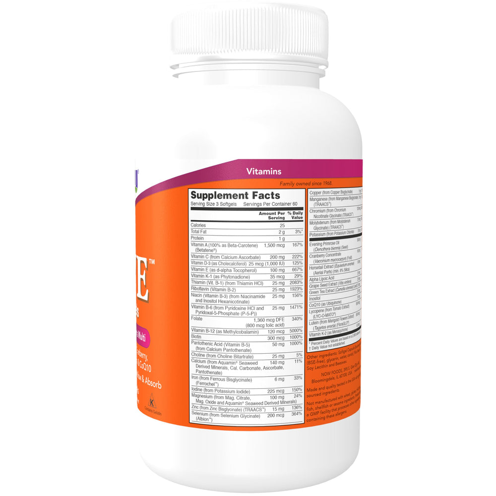 NOW Foods Eve Superior Women's Multi capsules on a light background highlighting gentle absorption.