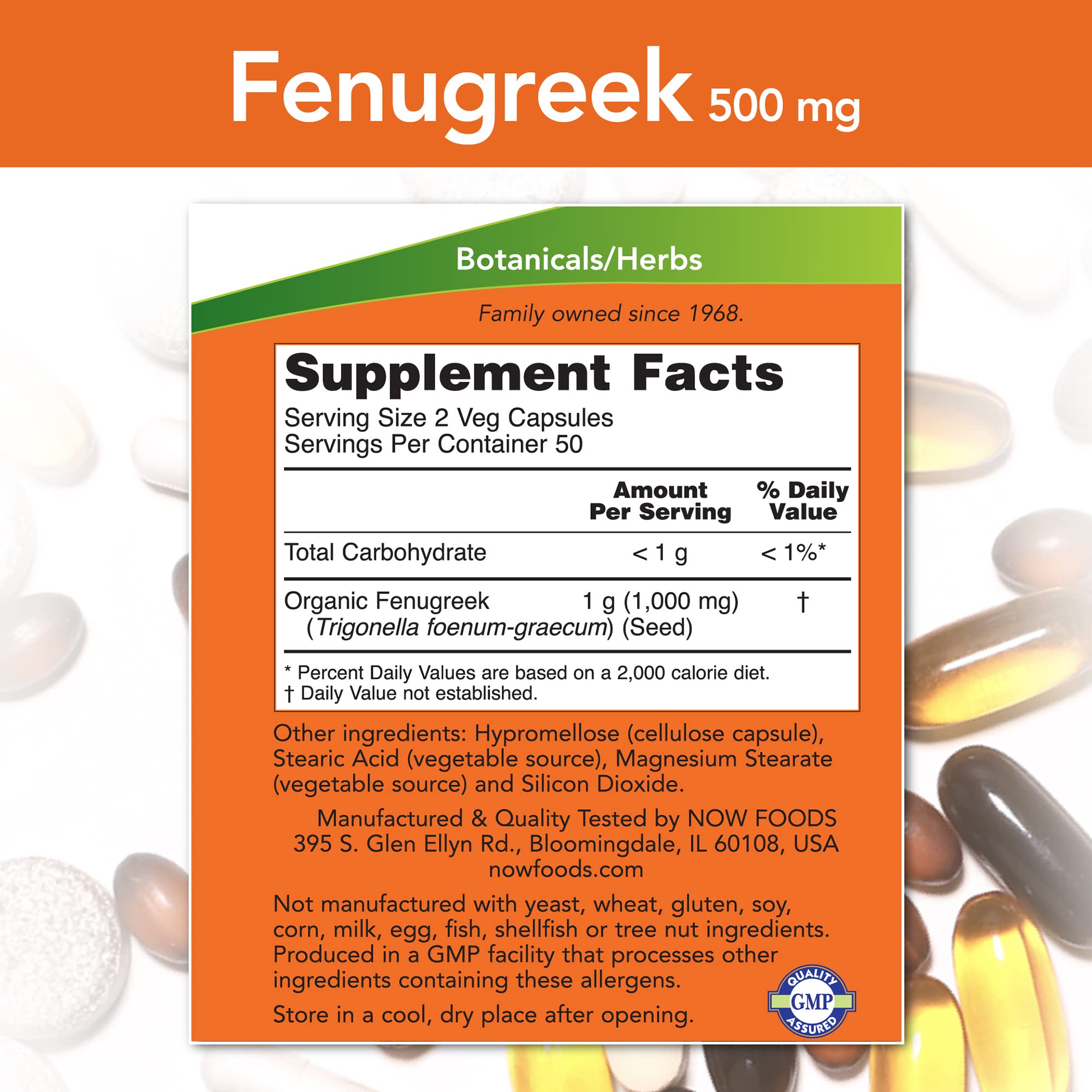 NOW Foods Fenugreek bottle and label highlighting trusted GMP quality