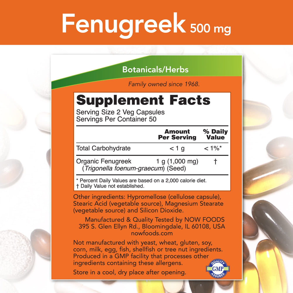 NOW Foods Fenugreek bottle and label highlighting trusted GMP quality
