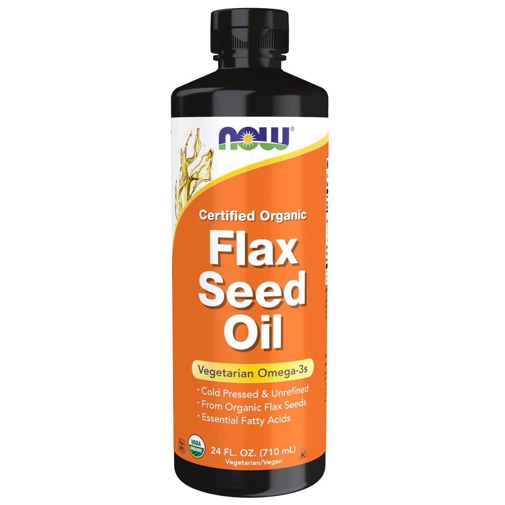 NOW Foods flax seed oil bottle provides omega-3 rich oil for meals and dressings.