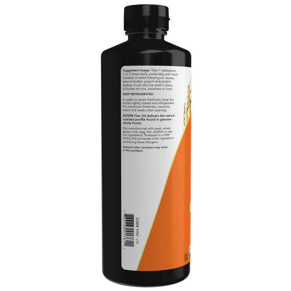 NOW Foods flax seed oil label highlights organic, cold-pressed quality for everyday use.