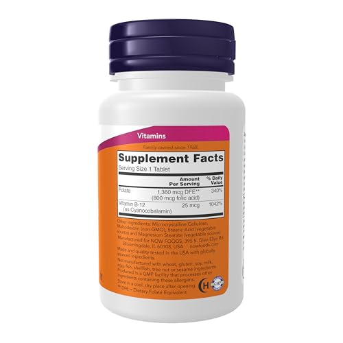 NOW Foods Folic Acid 800mcg tablets, bottle cap closeup for easy daily dosing.