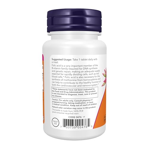 NOW Foods Folic Acid 800mcg label closeup, highlighting GMP quality assurance.