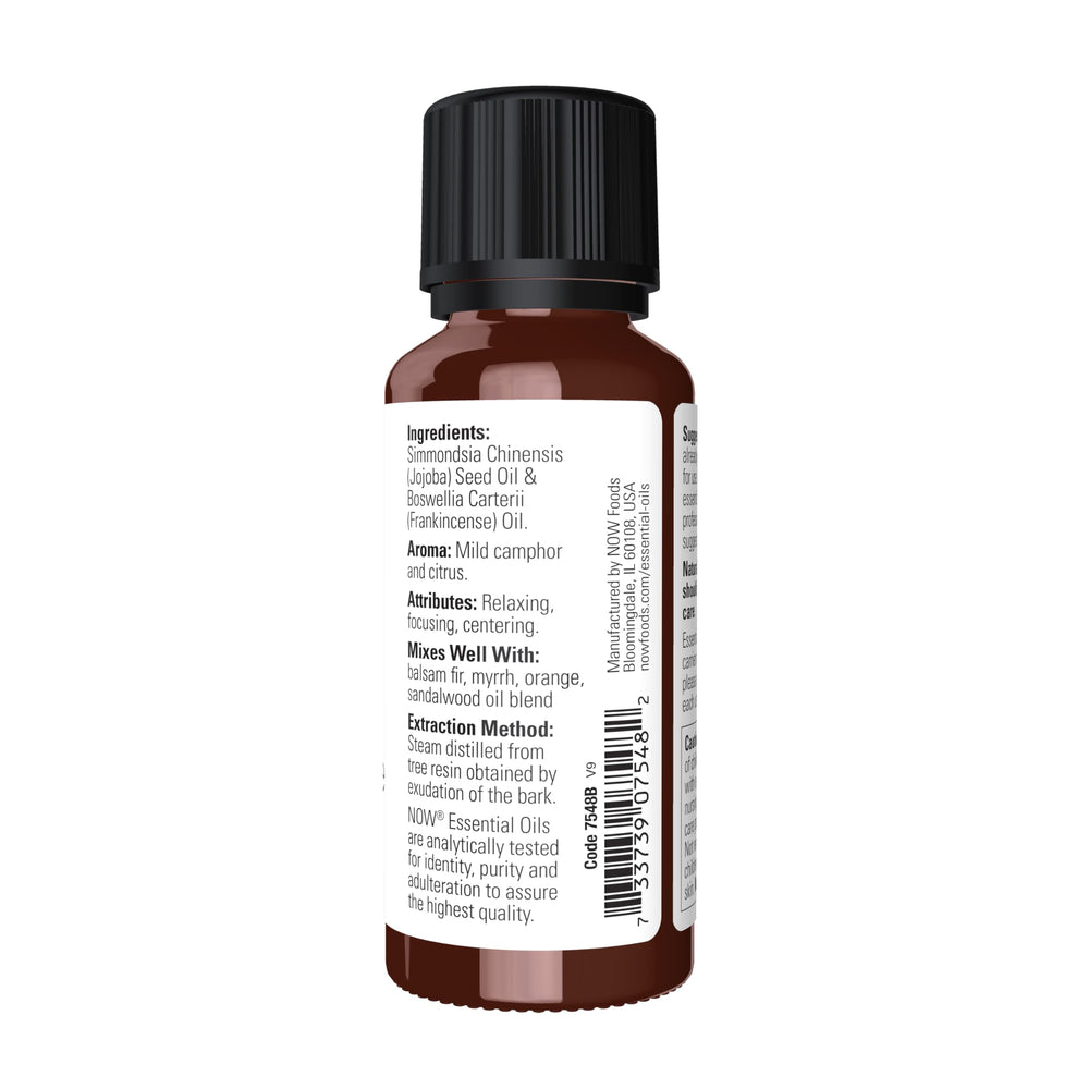 NOW Foods Frankincense Oil Blend pour demonstrates easy diffusion for calm spaces.