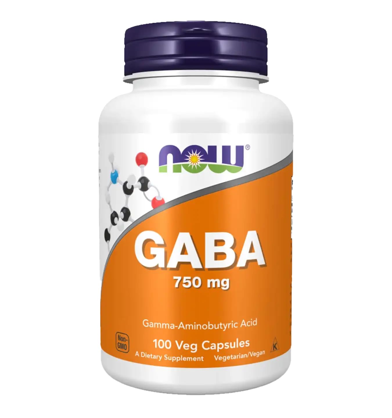 NOW Foods GABA 750 mg capsules close-up highlights vegan Vcaps and easy swallowing.