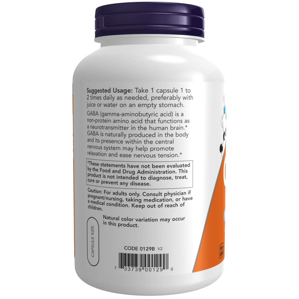 Close-up of NOW Foods GABA 750mg label with certifications