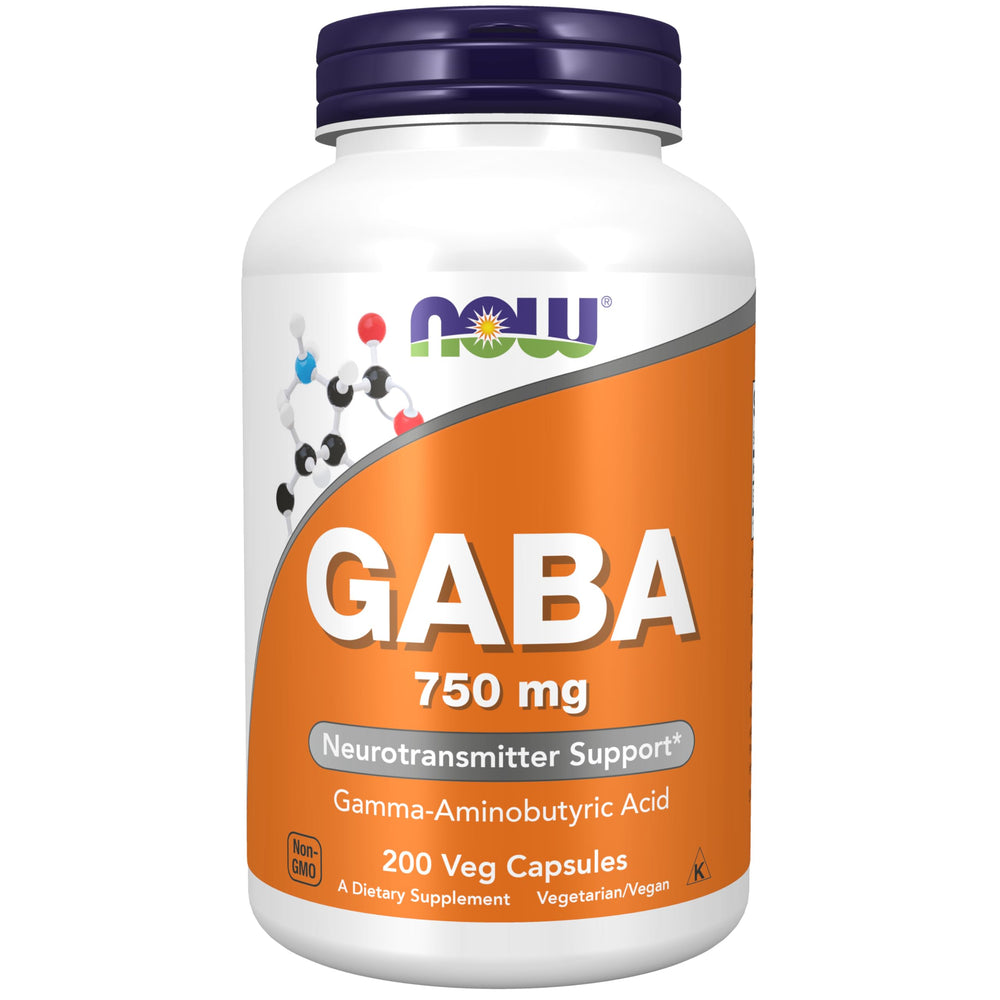 NOW Foods GABA bottle front view showing packaging and 750 mg formula