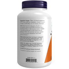 NOW Foods GABA powder label detail highlighting ingredients and quality.