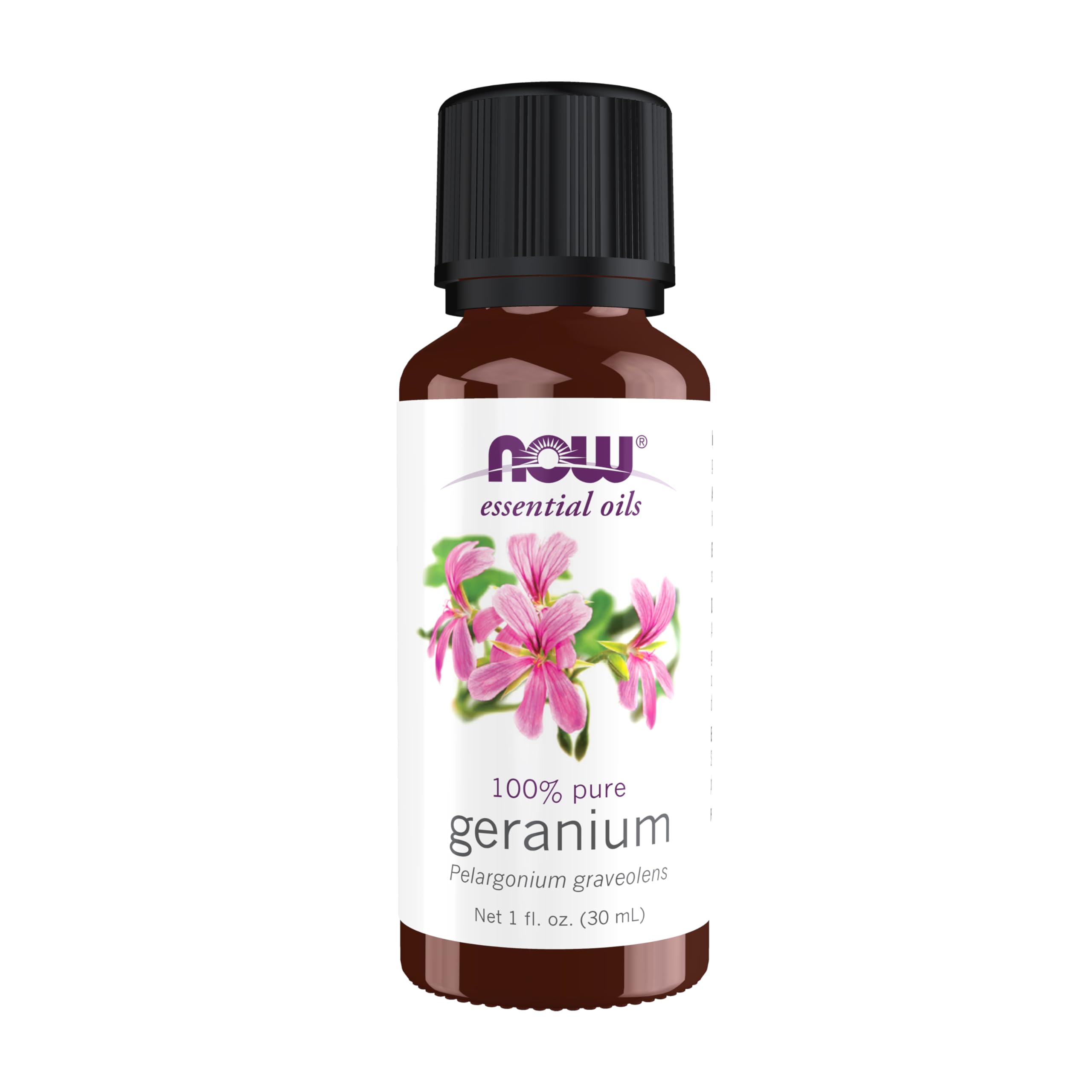 NOW Foods Geranium Oil bottle with pour, pure aroma for soothing diffusion.