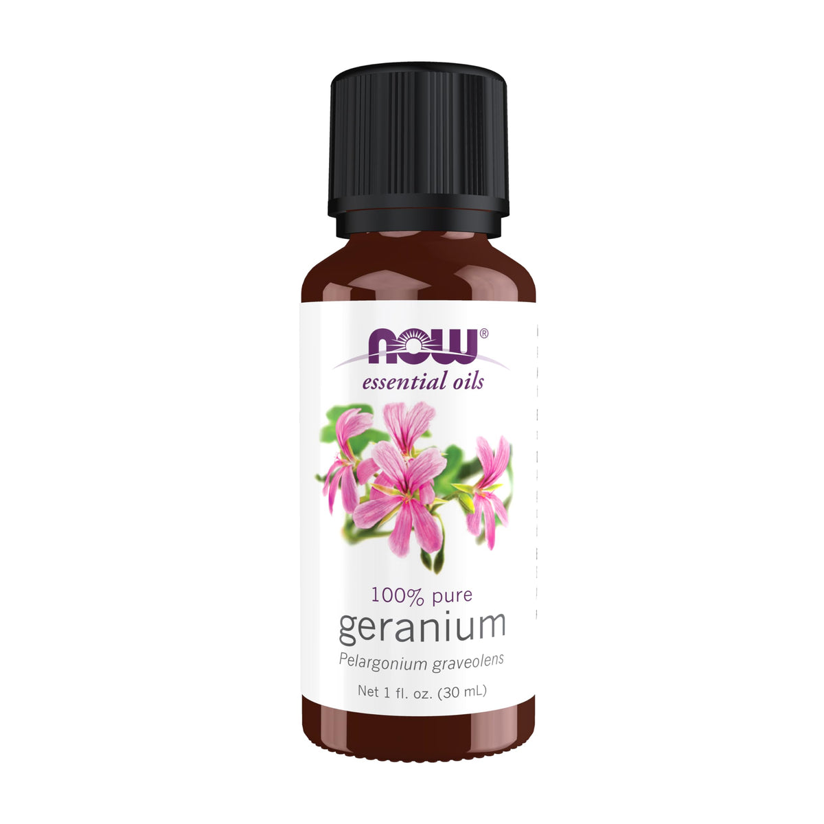 NOW Foods Geranium Oil bottle with pour, pure aroma for soothing diffusion.