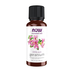 NOW Foods Geranium Oil bottle with pour, pure aroma for soothing diffusion.