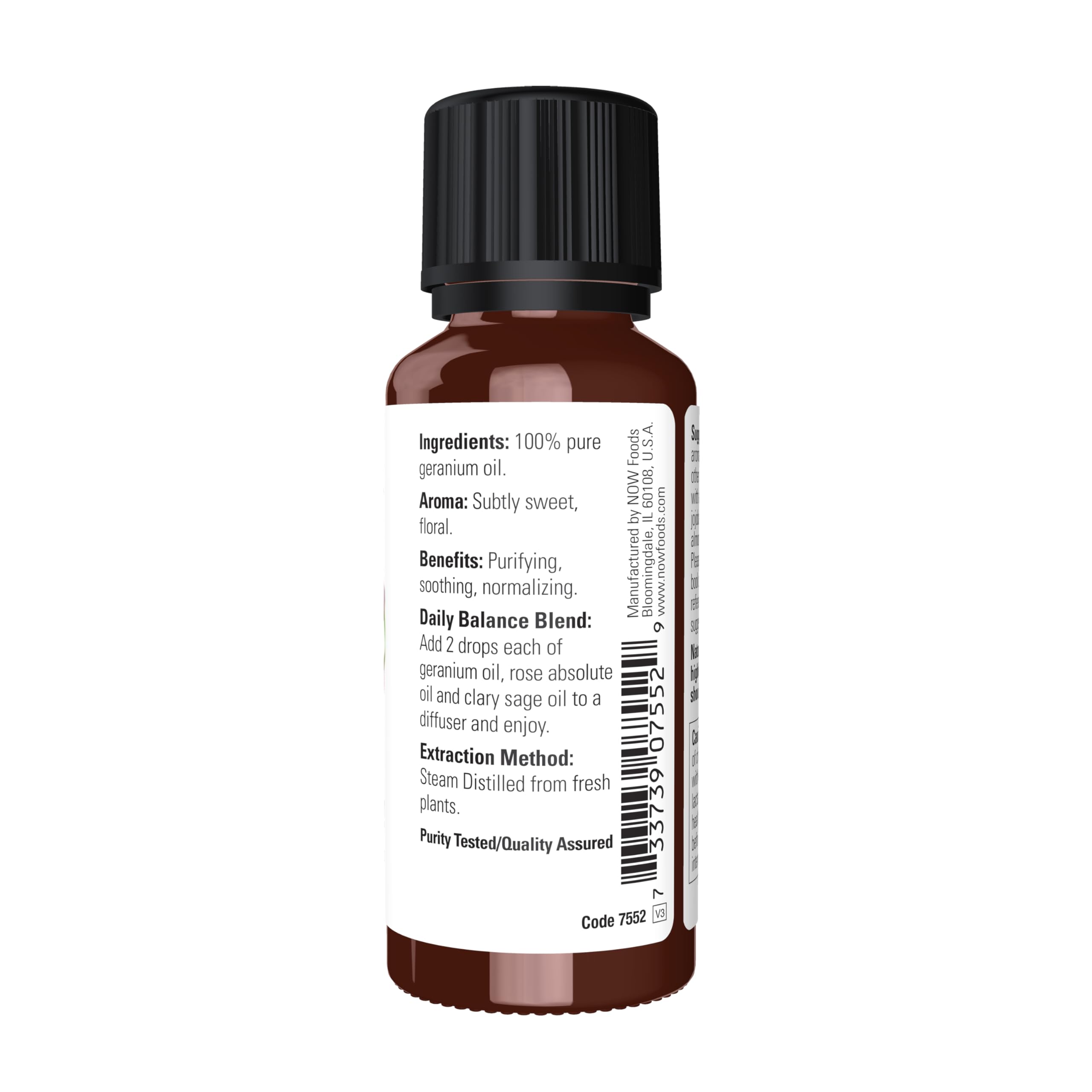 NOW Foods geranium oil in diffuser setup, creating subtle floral balance.