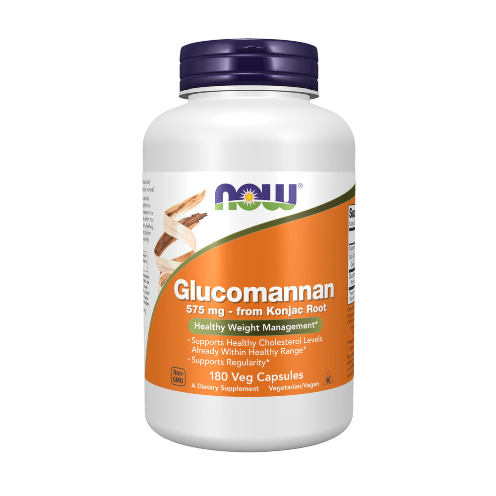 NOW Foods Glucomannan 575mg bottle label highlights a fiber supplement for supporting regularity