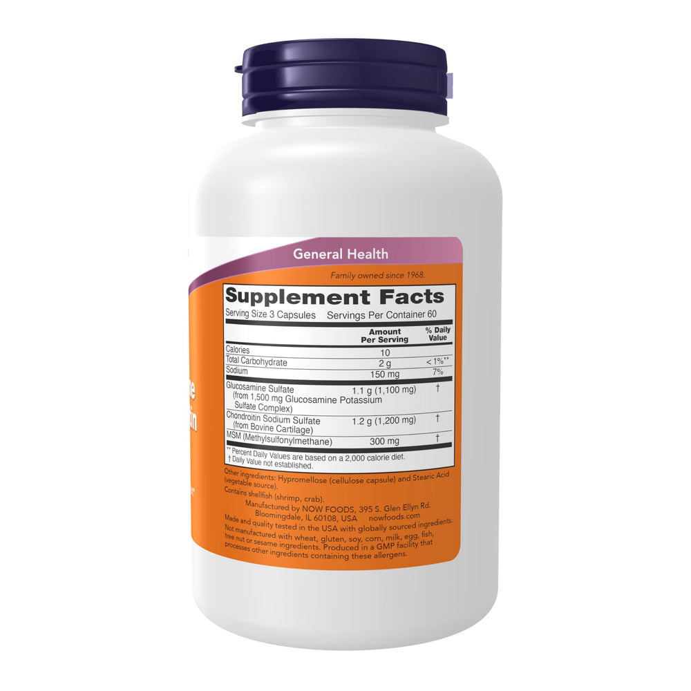 NOW Foods glucosamine chondroitin MSM capsules close-up showing daily use