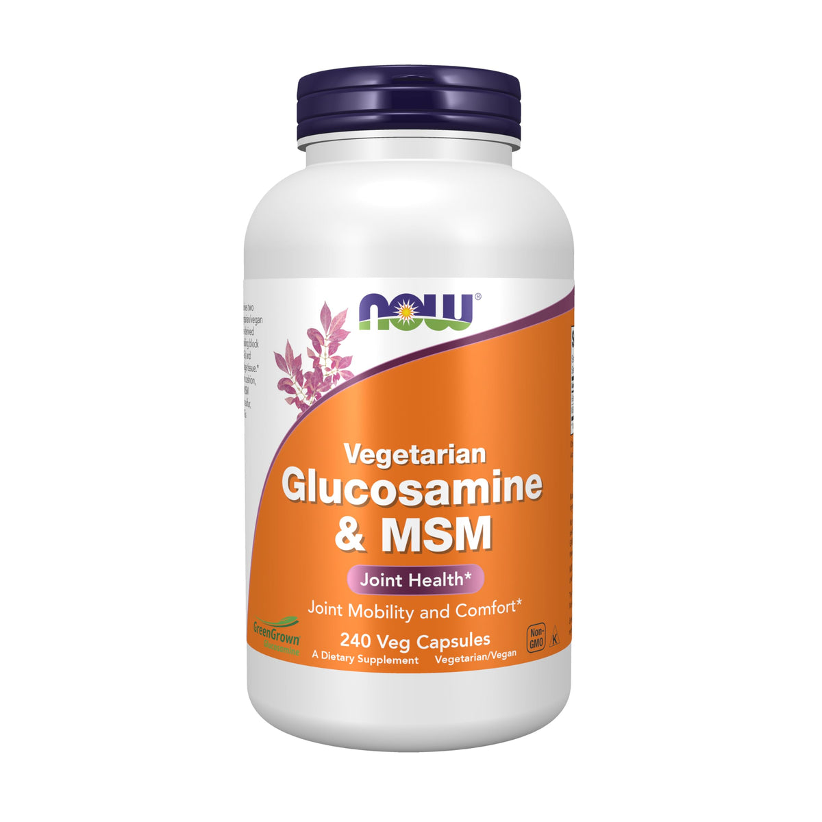 NOW Foods Glucosamine & MSM bottle front with GreenGrown vegan joint support formula
