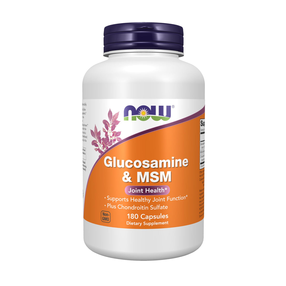 NOW Foods Glucosamine MSM Chondroitin capsules showing three joint-support ingredients for daily mobility.