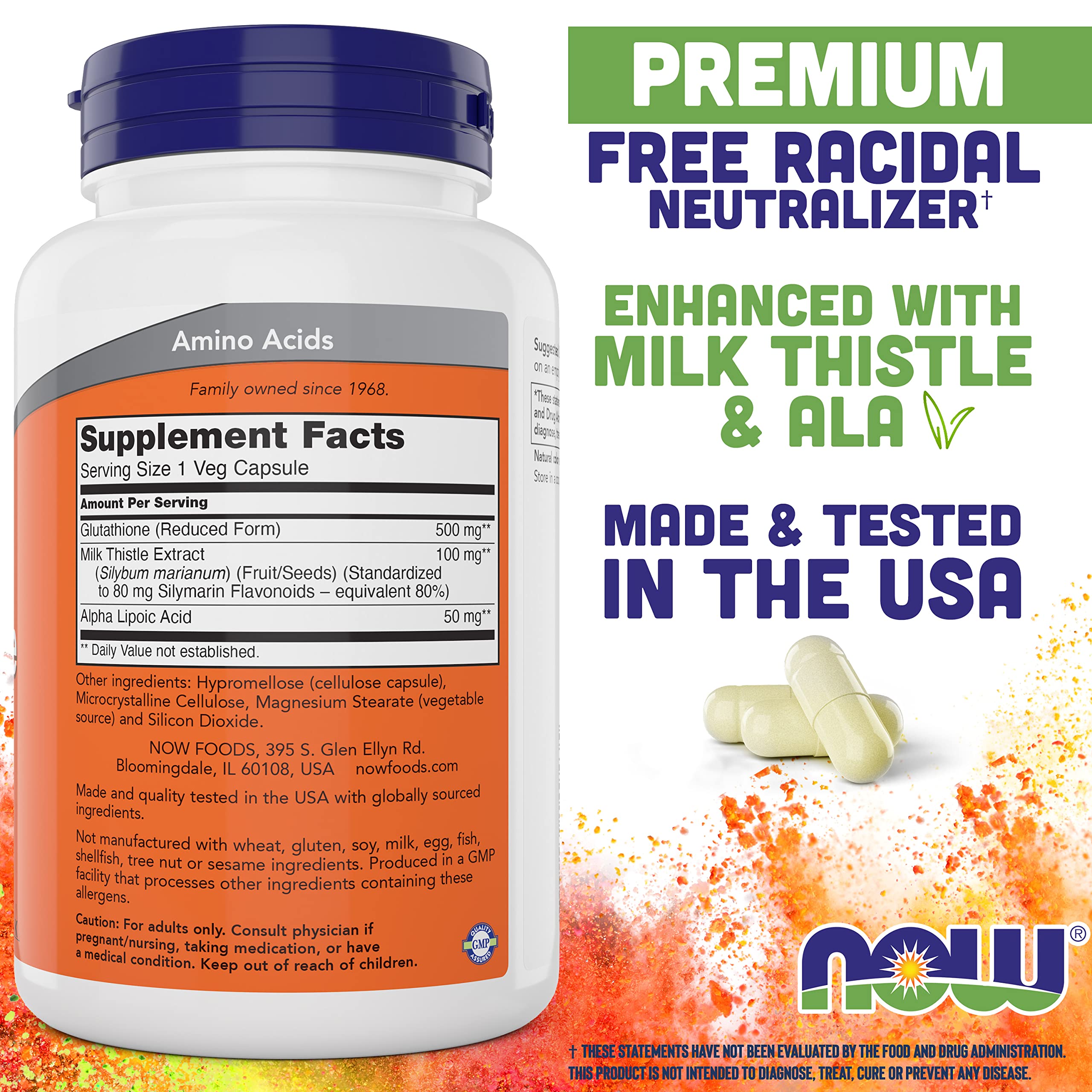 NOW Foods Glutathione 500mg capsules showcasing the bioactive form for absorption.