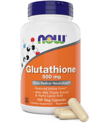 NOW Foods Glutathione 500mg bottle on clean counter; convenient daily antioxidant support.