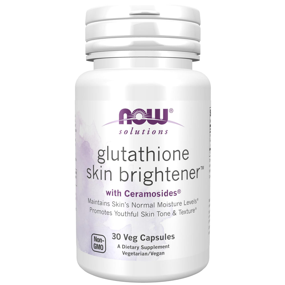 NOW Foods Glutathione Skin Brightener bottle front showing product name and glow potential