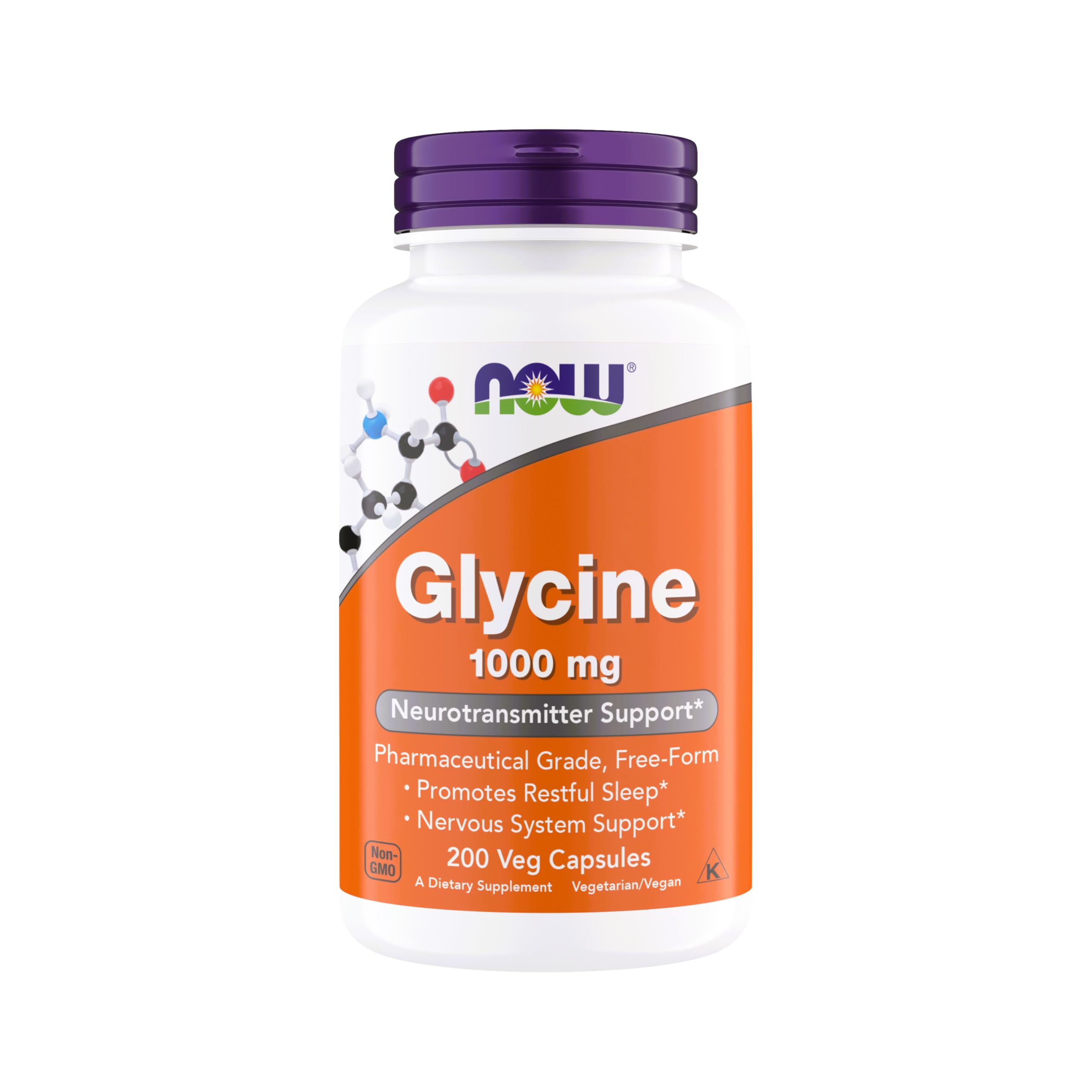 Now Foods Glycine 1000mg bottle shows calming sleep support and nervous system balance
