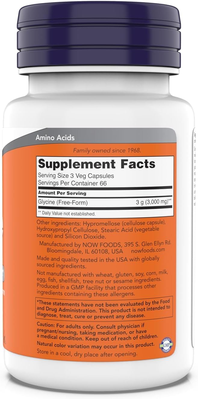 NOW Foods Glycine 1000mg capsules back view, emphasizing vegan and gluten-free features.