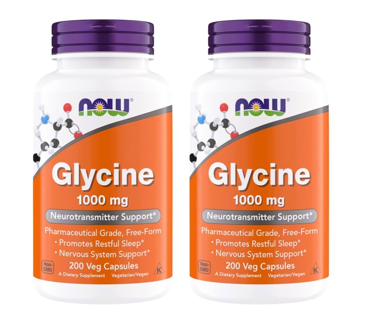 NOW Foods Glycine 1000mg capsules on the bottle front, ready for daily use.