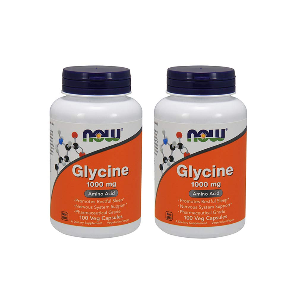 NOW Foods Glycine 1000 mg bottle on display, promotes calm sleep support.
