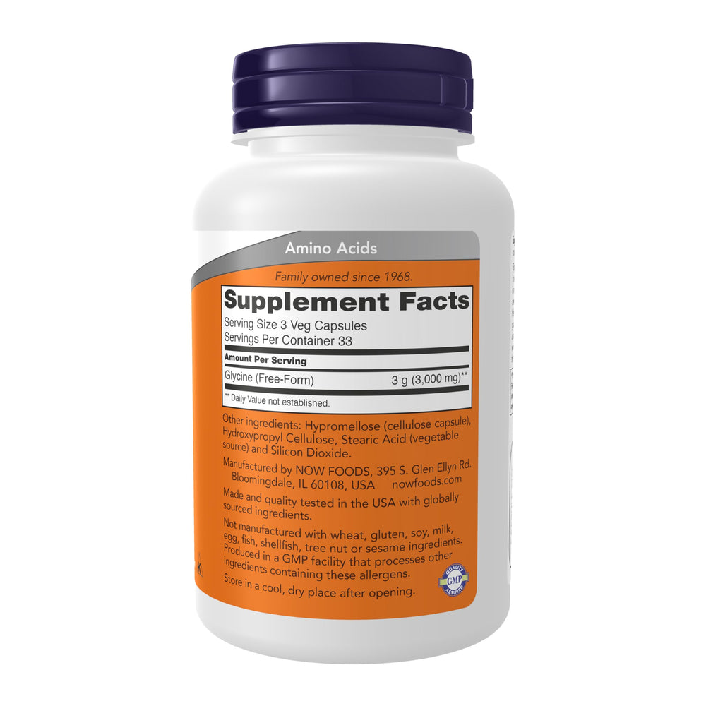 NOW Foods Glycine capsules closeup highlights small, versatile amino acid for diverse functions.