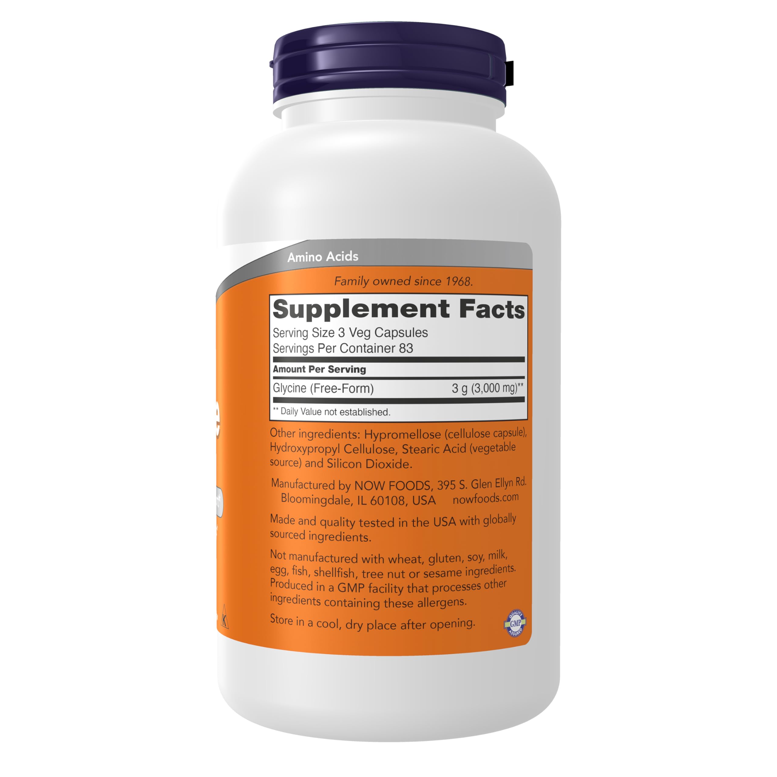 NOW Foods Glycine capsules close-up, essential amino acid for protein synthesis and energy readiness.