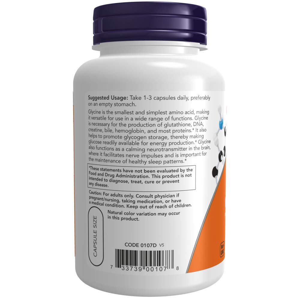 NOW Foods Glycine packaging; USA-made with GMP-certified quality.