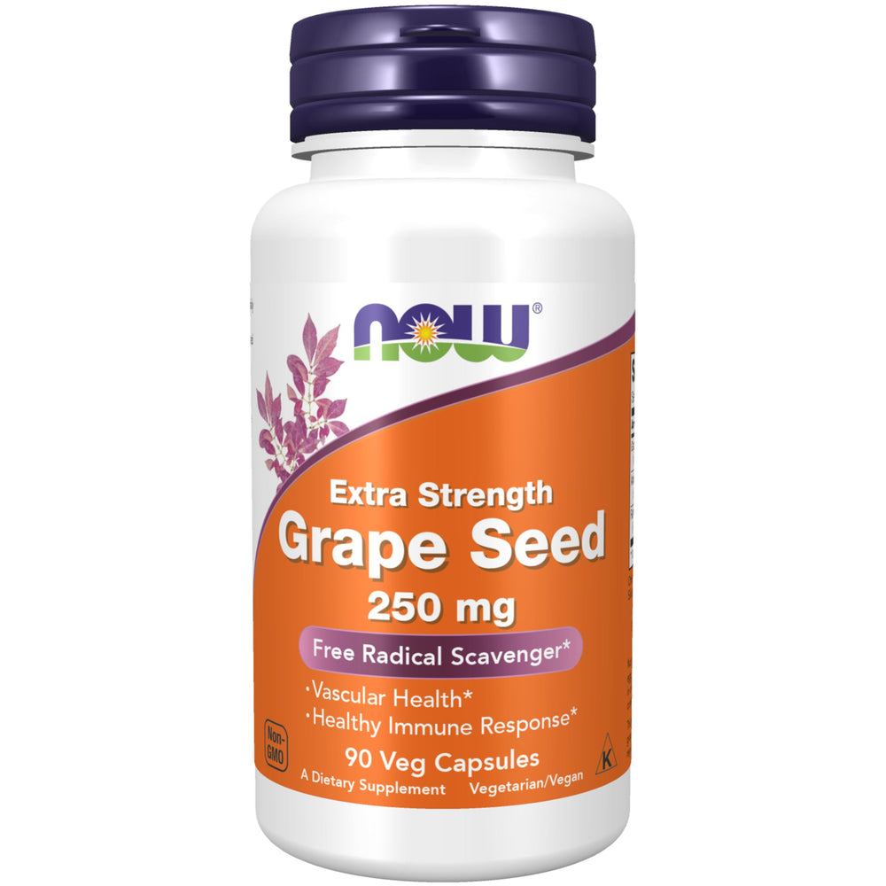 NOW Foods Grape Seed Extract bottle with high polyphenol content for antioxidant support.