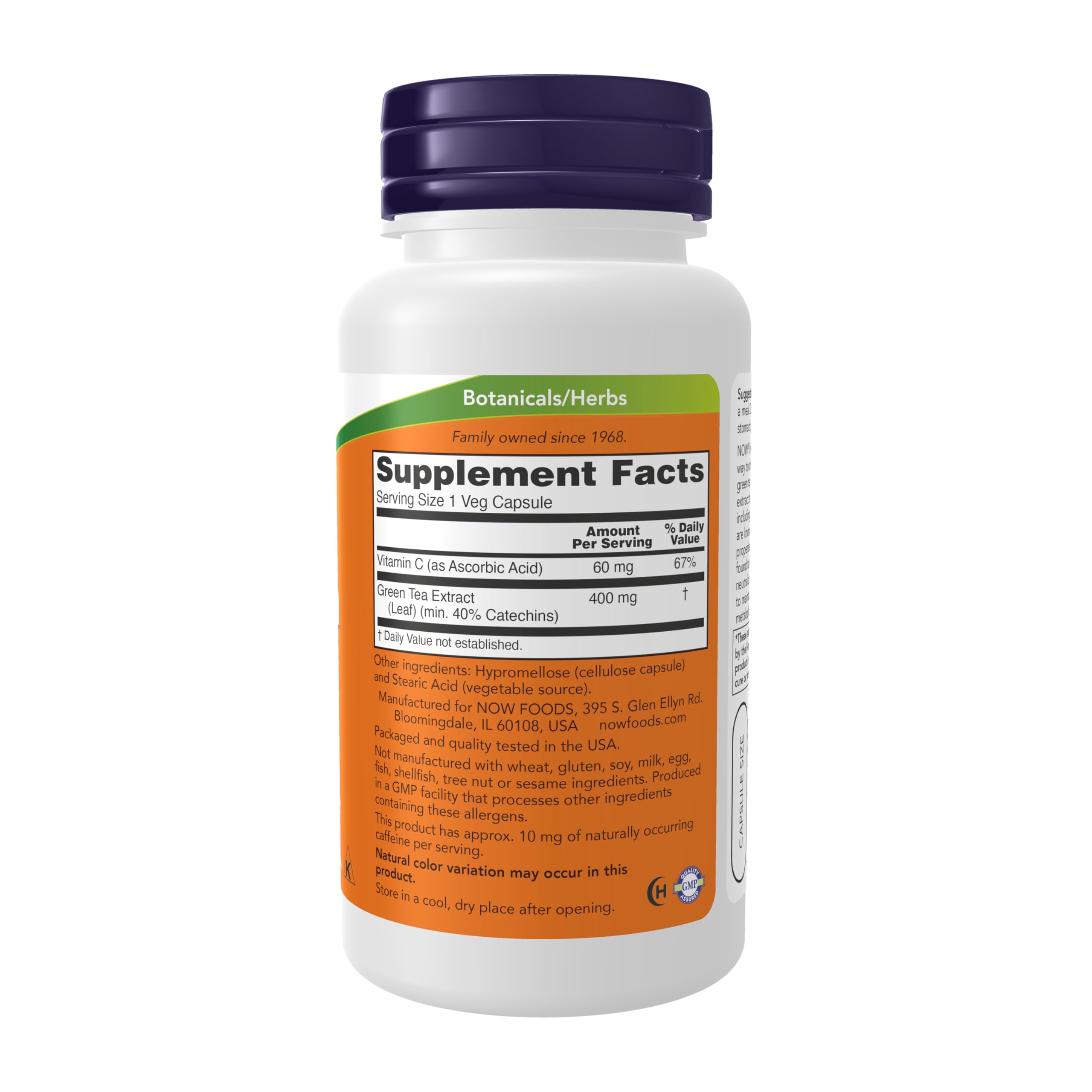 NOW Foods Green Tea Extract capsules close-up showing easy-to-swallow vegan capsules