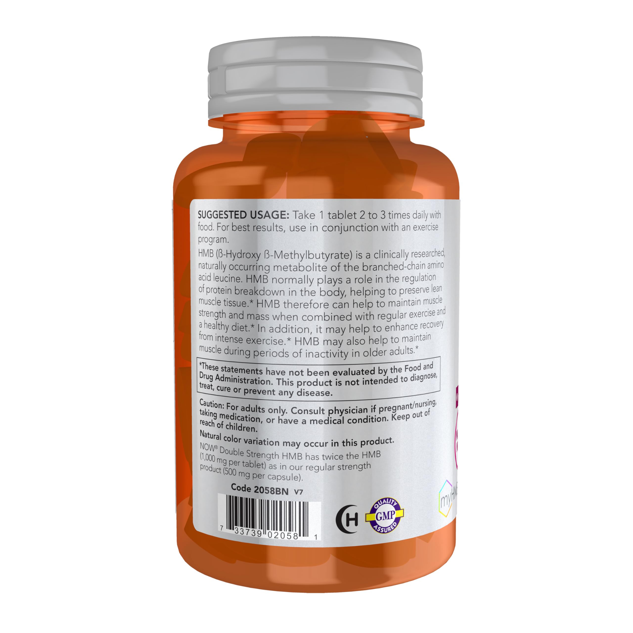 NOW Foods HMB label back view highlighting vitamin D-3 and ingredients