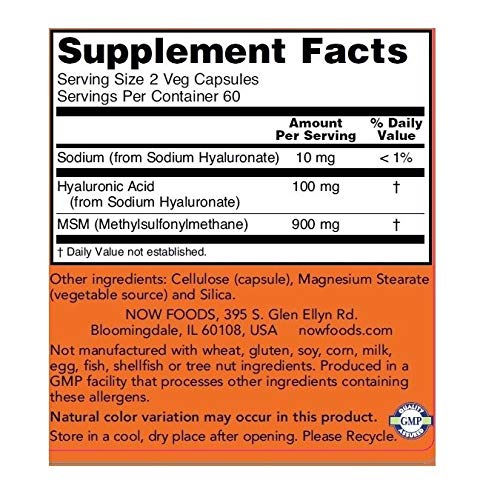 NOW Foods Hyaluronic Acid with MSM bottle on shelf highlighting packaging and ingredients.