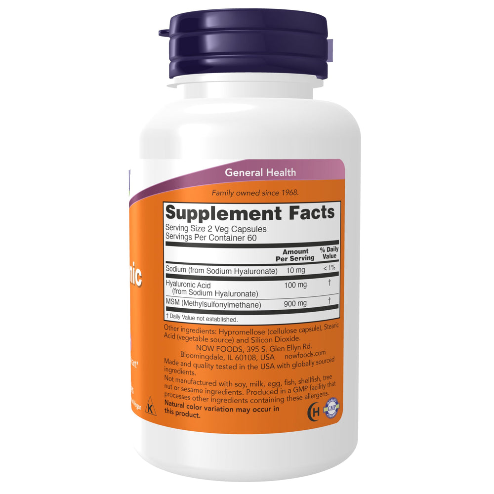 NOW Foods Hyaluronic Acid with MSM capsules for daily joint lubrication