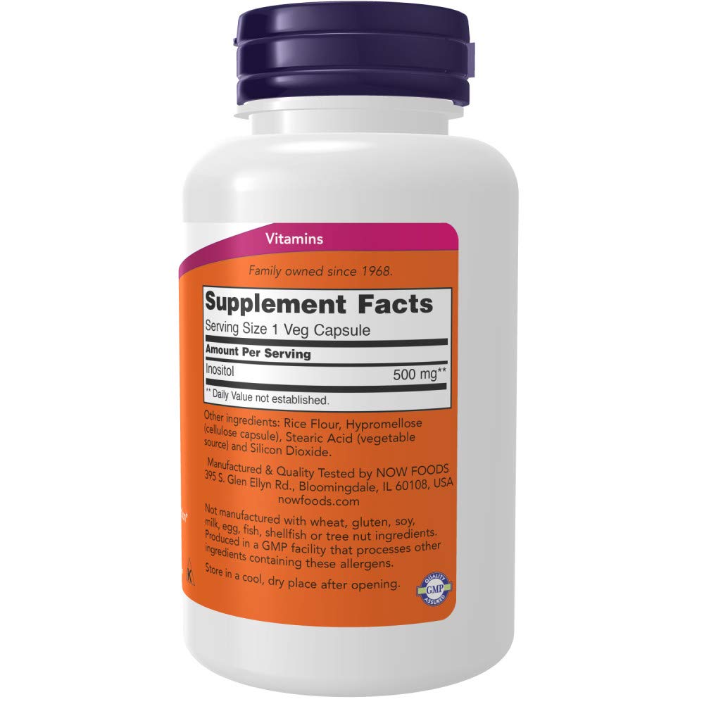 NOW Foods Inositol 500mg bottle back label notes kosher, non-GMO, vegan certifications.